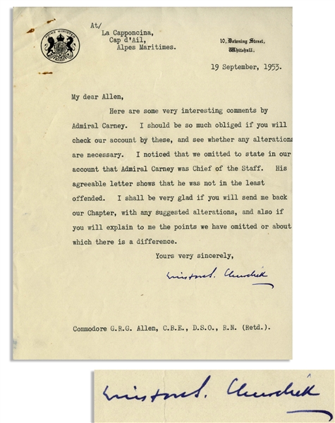 Winston Churchill Letter Signed as Prime Minister, Regarding His WWII Memoir, ''The Second World War''